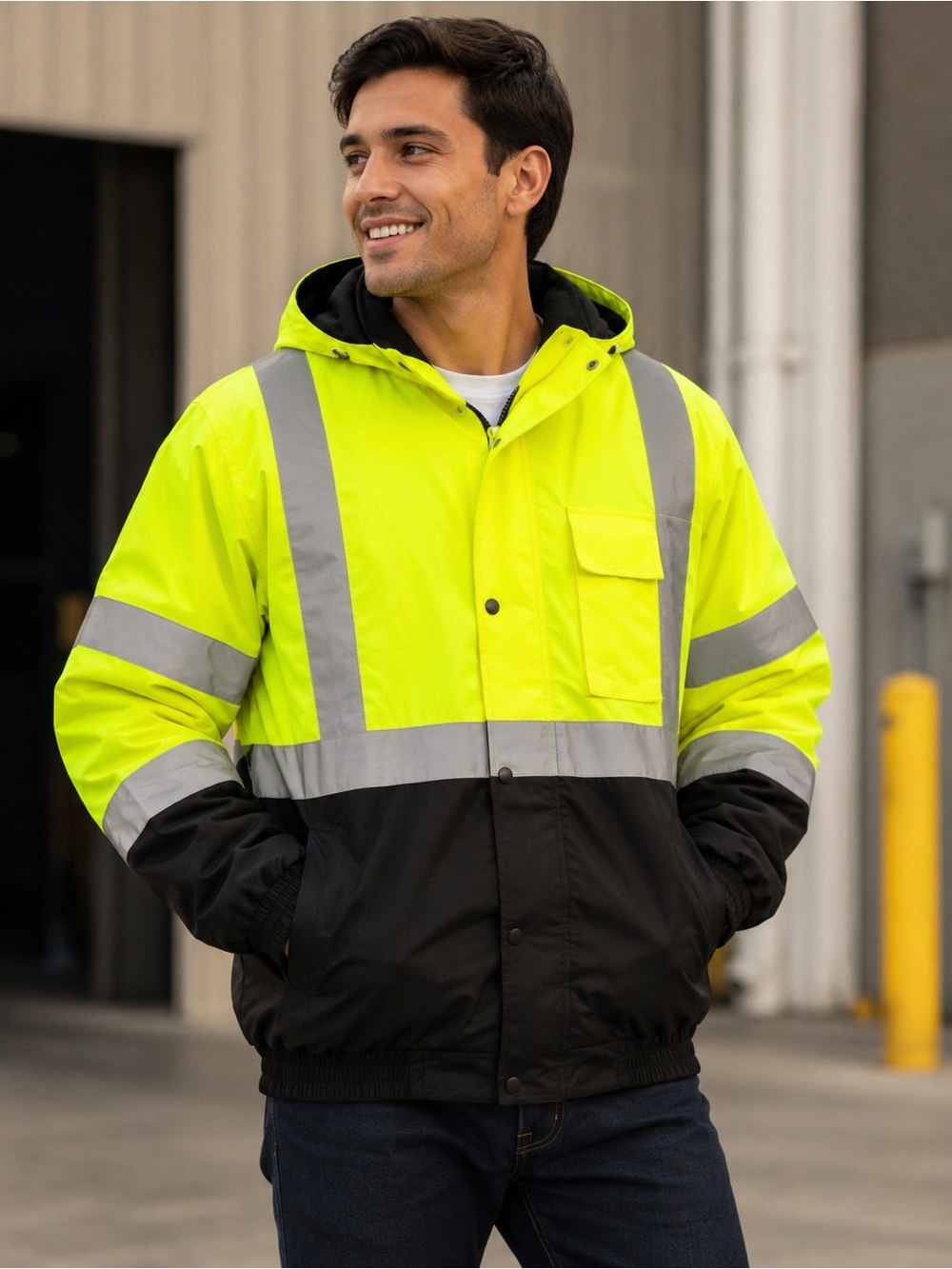 Hi-Vis Yellow and Black Safety Jacket with Reflective Stripes